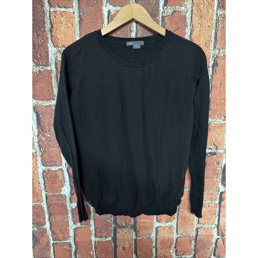 Vince Size Medium Black Mixed Media Crew Long Sleeve Wool Cashmere Silk Sweater